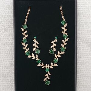 Gold And Green Floral Necklace And Earring Set